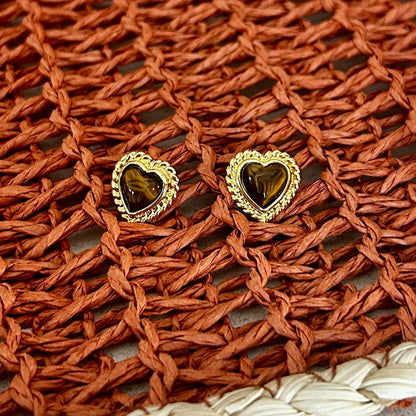 Heart-Shaped Tiger’s Eye Stud Earrings, for Pierced Ears, Gold-Tone Surround