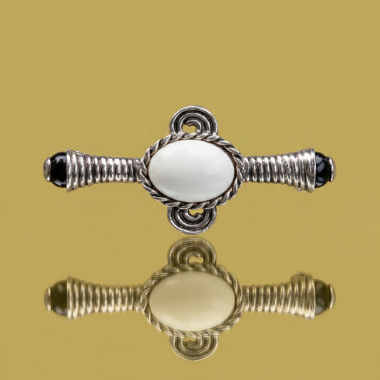 Vintage Art Deco Style Silver-Tone Bar Pin | Metal with Black & White Cabochon