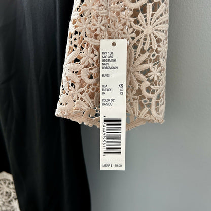 Gianni Bini Black Beige Lace Sheath Dress, Short, XS, Half Sleeve