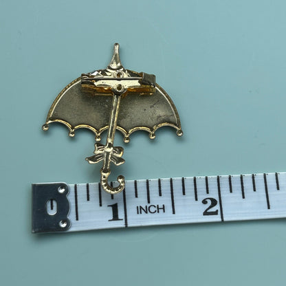 Vintage Glitter Enamel Umbrella Brooch | Gold Tone Purple & Blue Parasol Pin | Whimsical Rainy Day Jewelry
