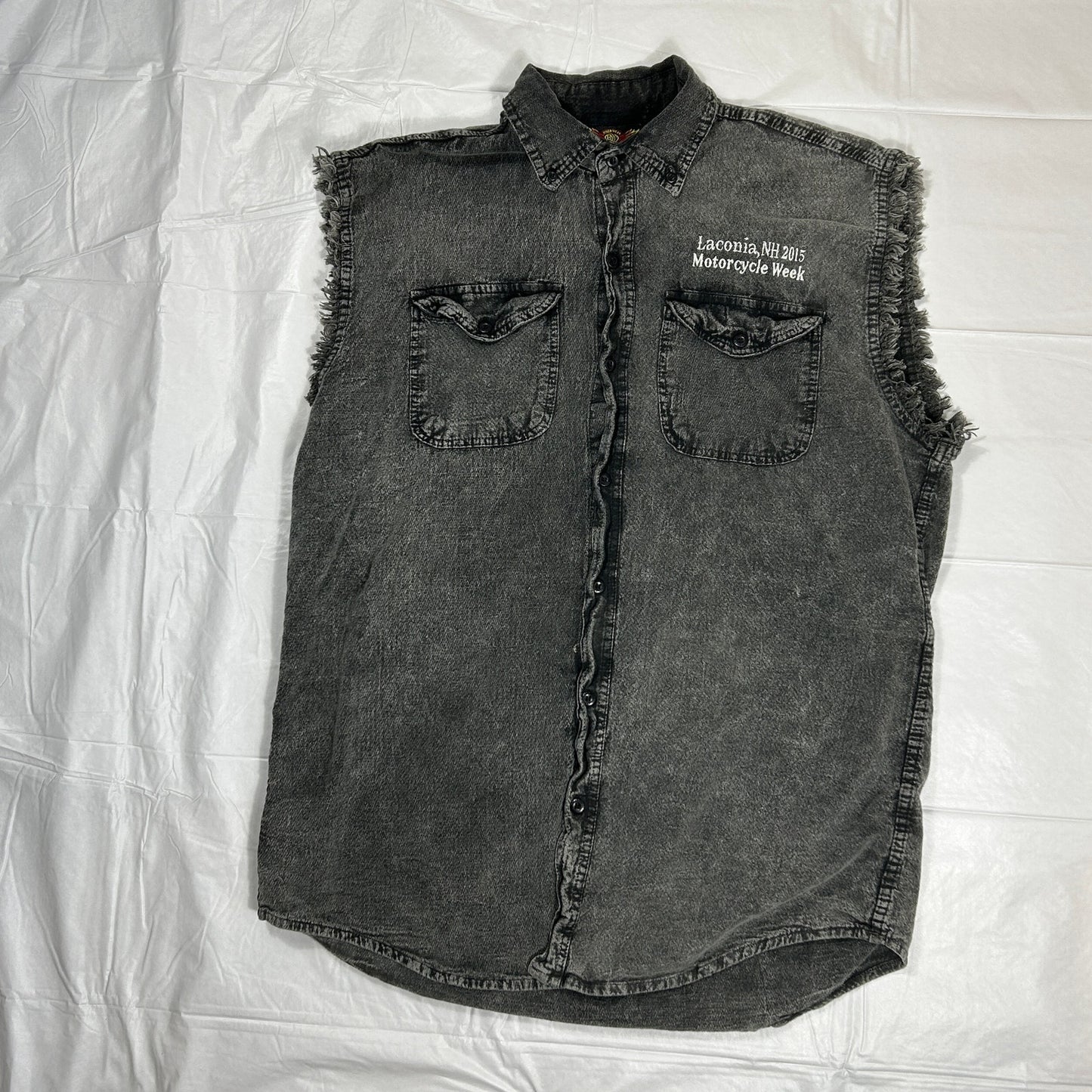 Vintage 2015 Laconia NH Motorcycle Week Cut Off Denim Shirt Men's XL Biker Vest