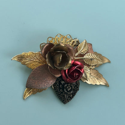 Vintage Mixed Metal Rose Brooch Gold Copper and Red Enamel Floral Pin