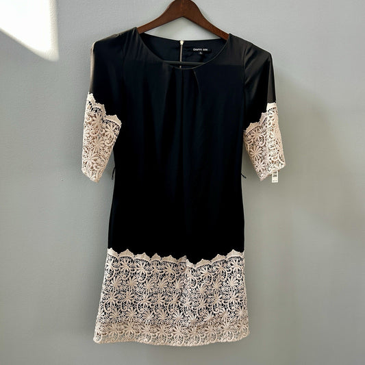 Gianni Bini Black Beige Lace Sheath Dress, Short, XS, Half Sleeve