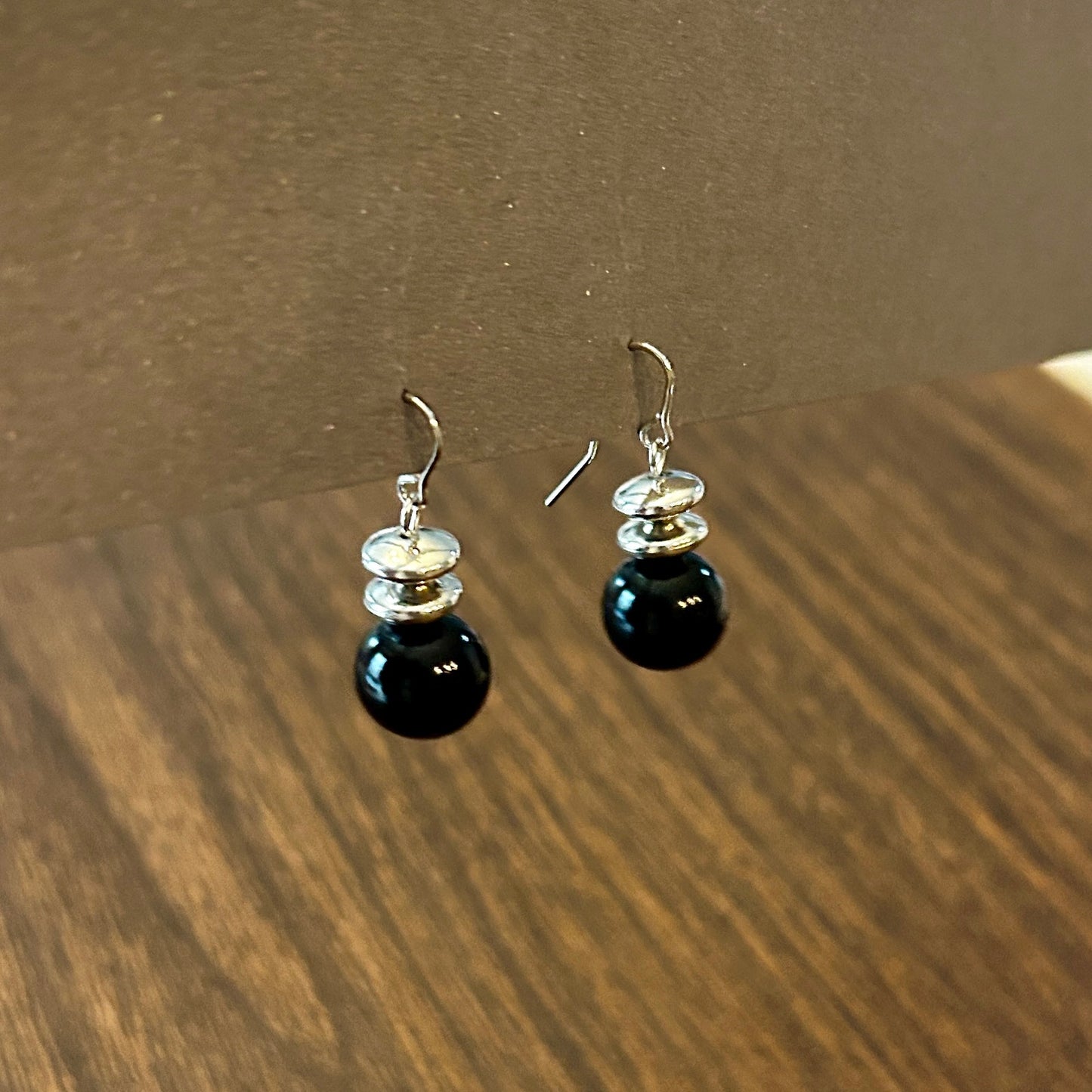 Vintage Black Onyx Style Bead Drop Earrings Silver Tone