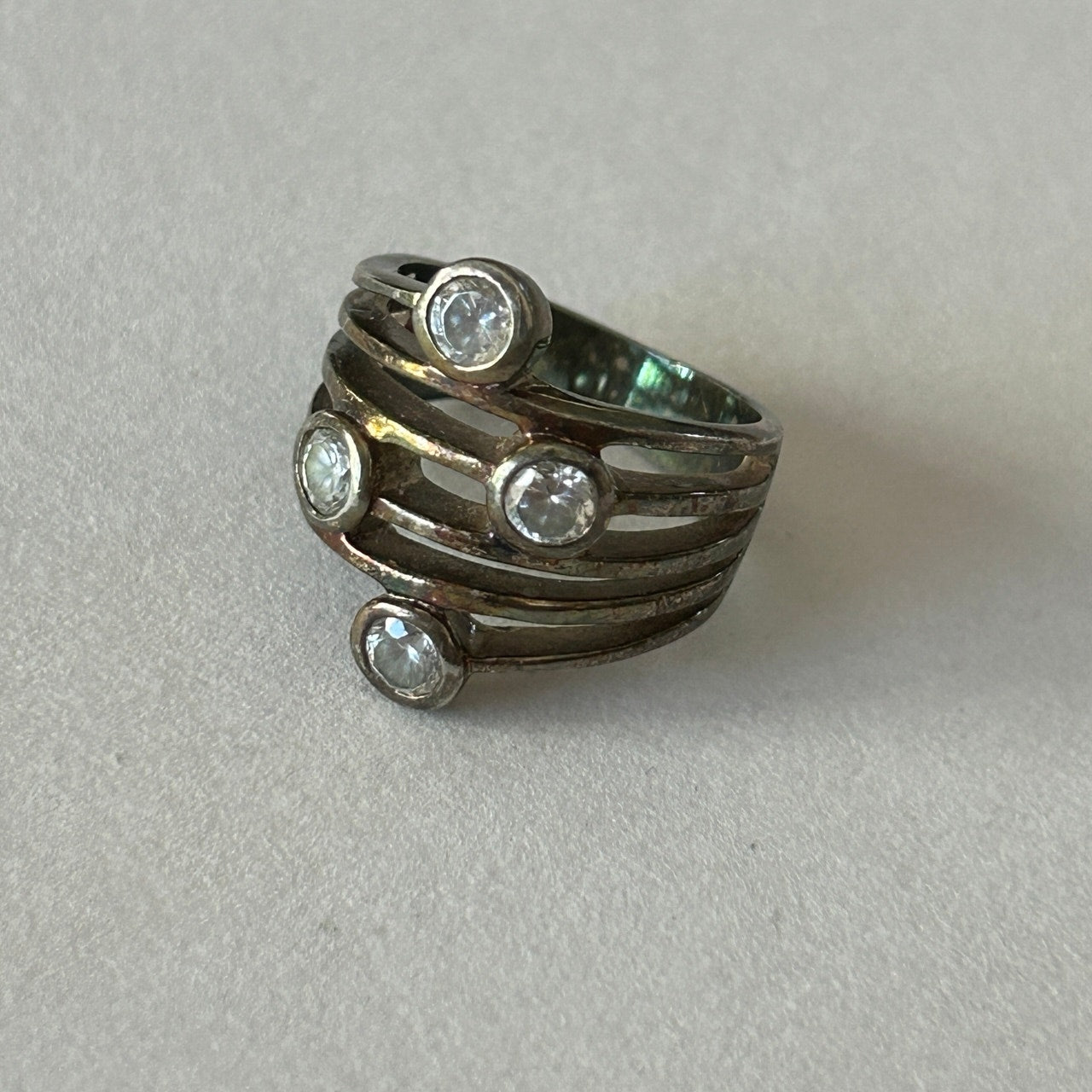 Silver-Tone Multi-Band Ring 4 Clear Stone Accents Size 6.5/7