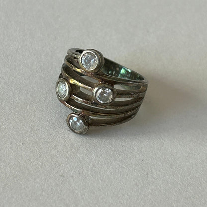 Silver-Tone Multi-Band Ring 4 Clear Stone Accents Size 6.5/7