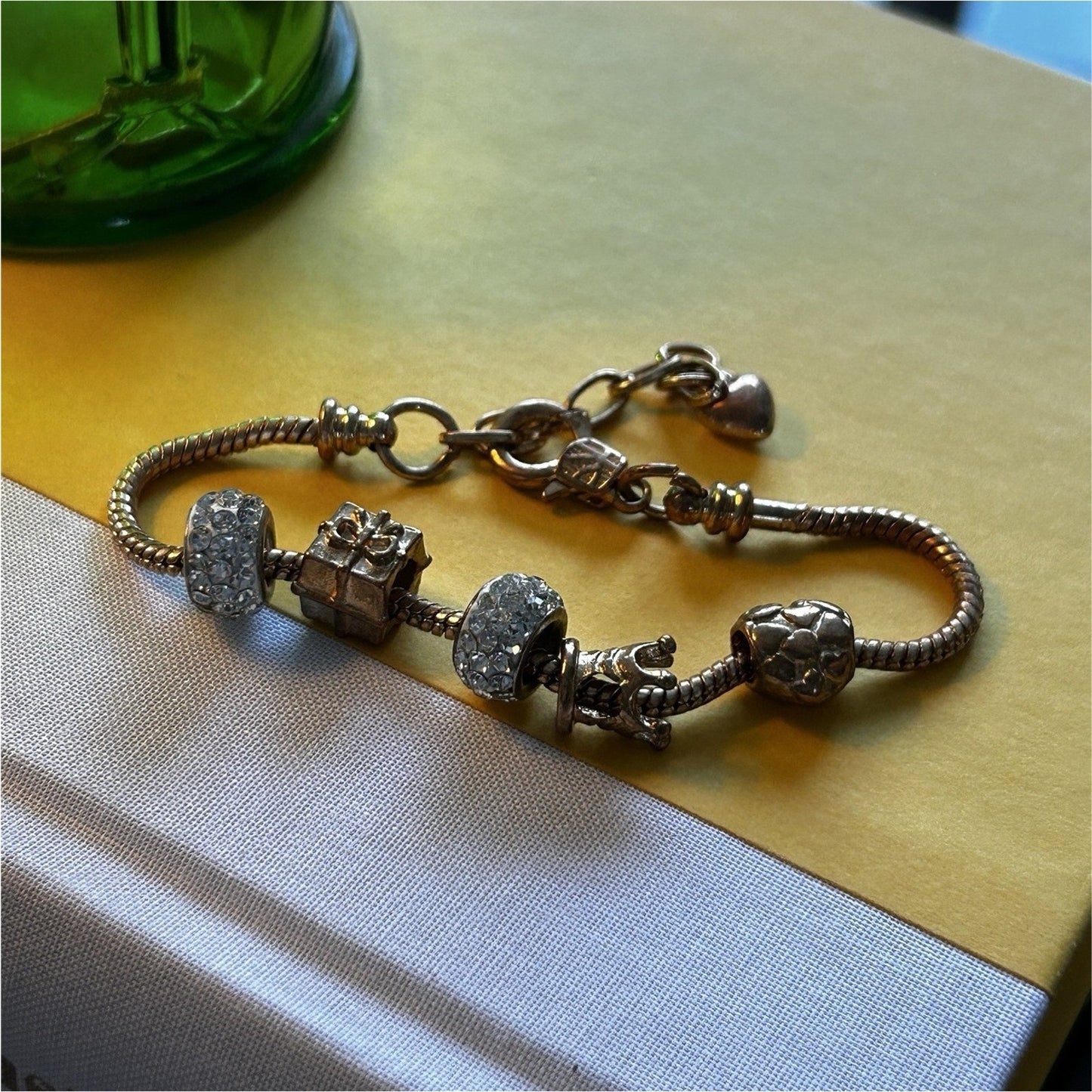 Gold Tone Adjustable Snake Chain Charm Bracelet with Crystal Bead Accents