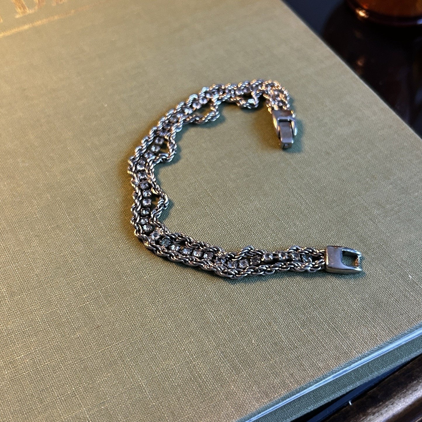 Silver Tone Chain Link Fashion Bracelet with Oval Metal Links and Rhinestones