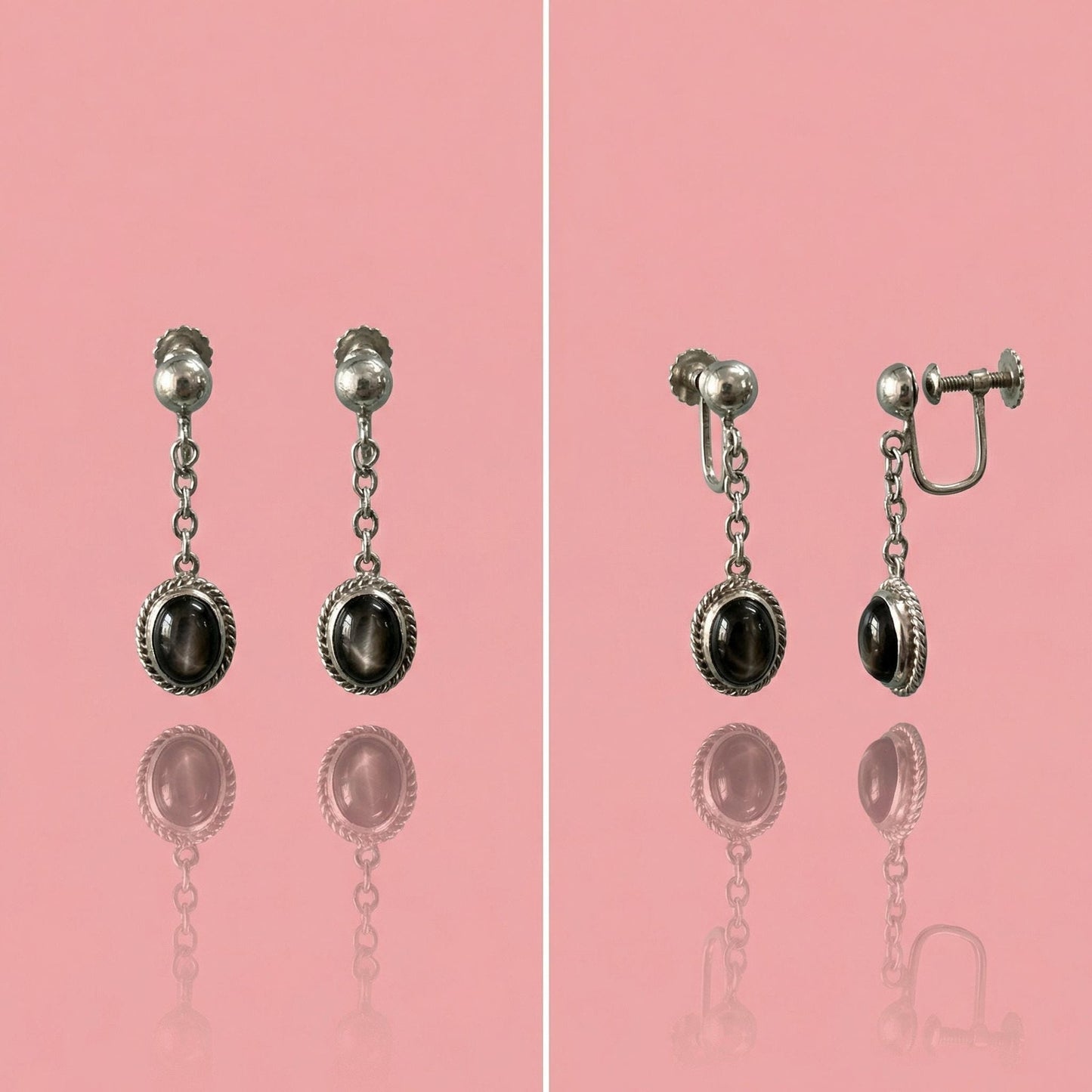 Vintage Black Star Sapphire Screw-Back Earrings