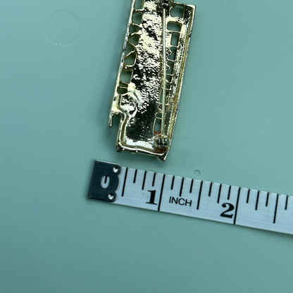 Vintage Gold Tone School Bus Brooch Pin with Red and Clear Rhinestone Accents