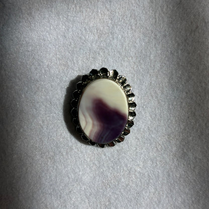 Natural Purple & White Banded Agate Oval Pendant Brooch Combo Scalloped Silver