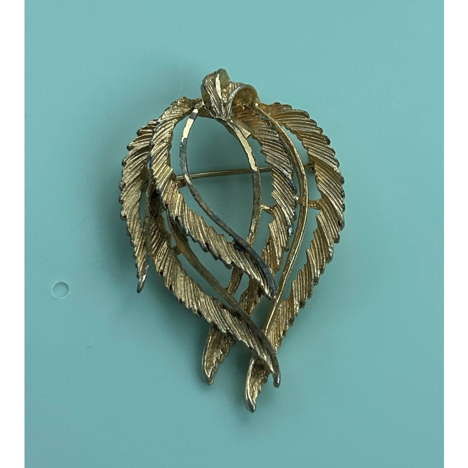 Vintage Gold-Tone Textured Leaf Wreath Brooch, BSK Signed Fall Fashion Pin