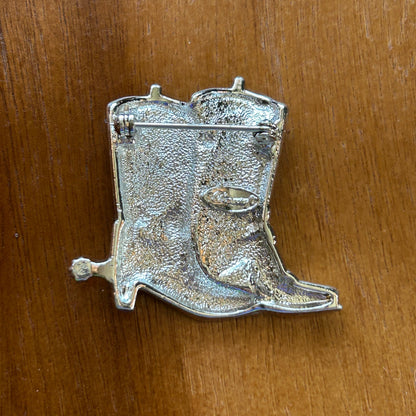Vintage Silver Tone Cowboy Boots Brooch | Blue Enamel & Rhinestone Western Pin | Coastal Cowgirl Aesthetic Jewelry