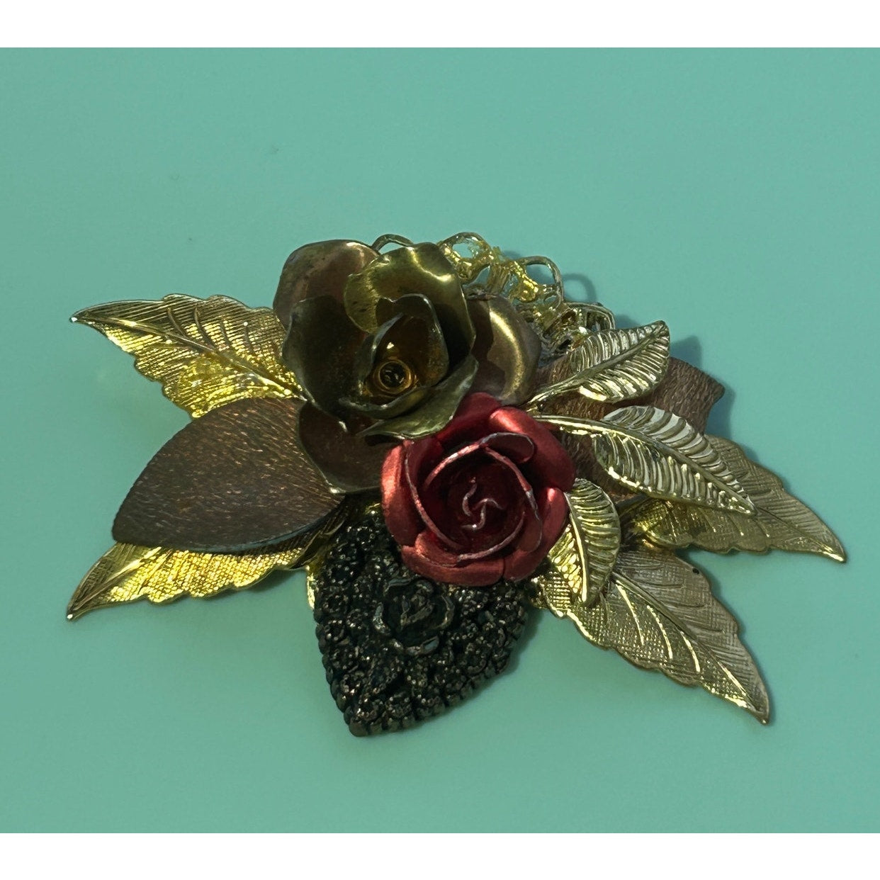Vintage Mixed Metal Rose Brooch Gold Copper and Red Enamel Floral Pin