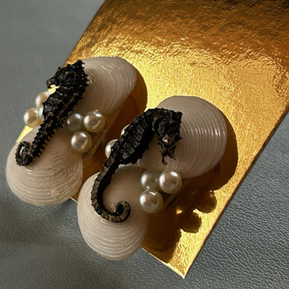 Shell & Pearl Seahorse Stud Earrings, Screw-Back, White & Black, Asymmetrical