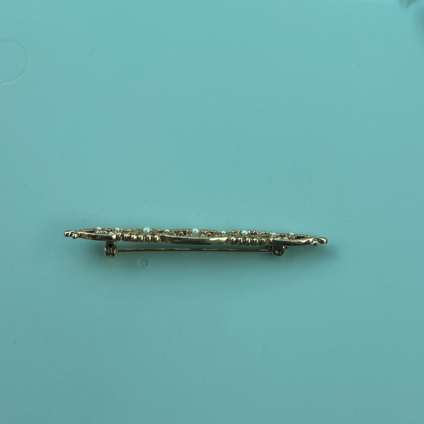 Vintage Gold Tone Filigree Bar Brooch with Faux Pearl Accents Elegant Bar Pin