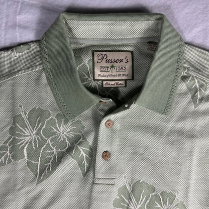 Pusser’s Tortola BVI Silk & Cotton Polo Shirt - Large - Sage Green Hibiscus Leaf Print