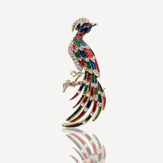 Vintage Multi-Colored Enamel Peacock Brooch Gold-Tone Rhinestone Bird Pin