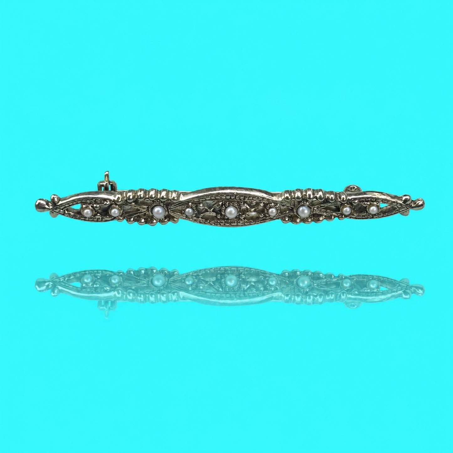 Vintage Gold Tone Filigree Bar Brooch with Faux Pearl Accents Elegant Bar Pin