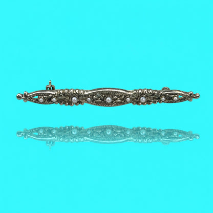 Vintage Gold Tone Filigree Bar Brooch with Faux Pearl Accents Elegant Bar Pin