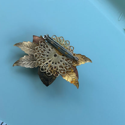 Vintage Mixed Metal Rose Brooch Gold Copper and Red Enamel Floral Pin