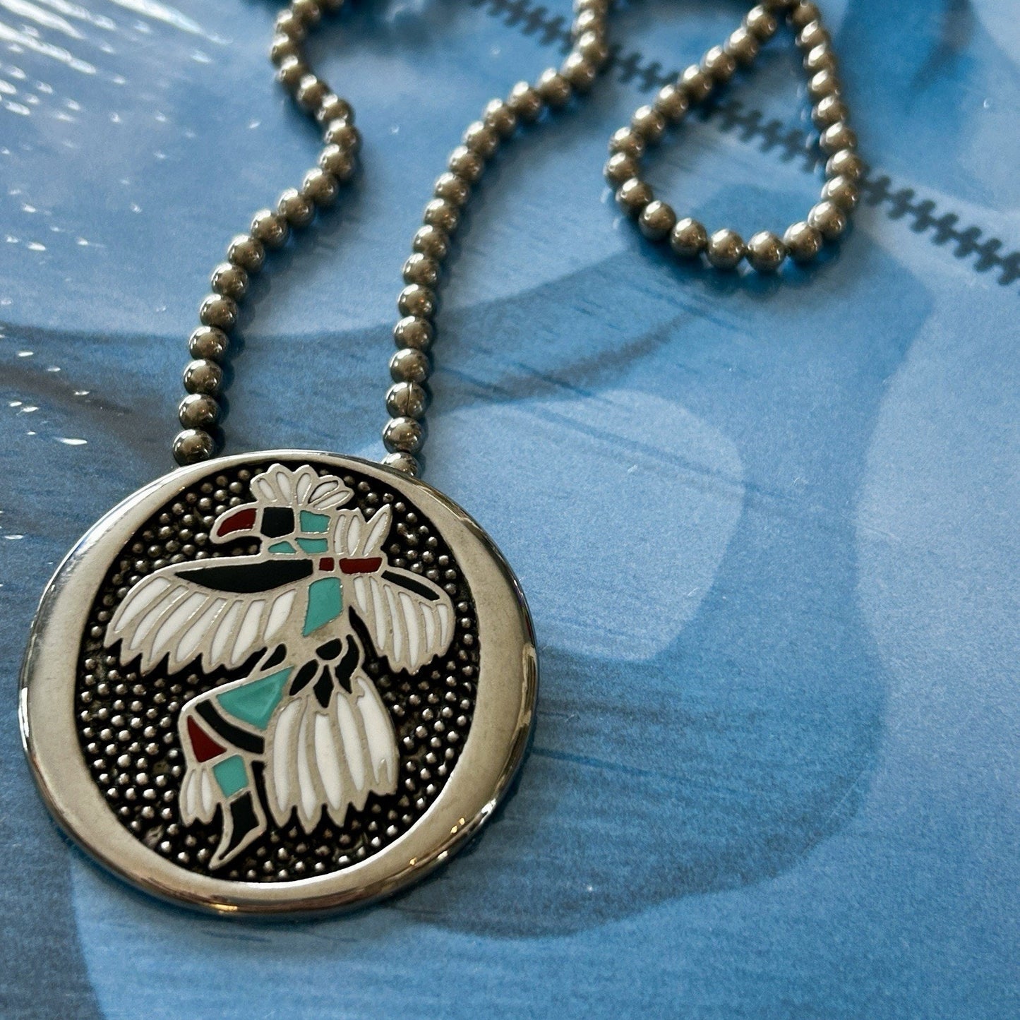 Round Enamel Native Bird Pendant Necklace with Chain, Silver, Turquoise & Red