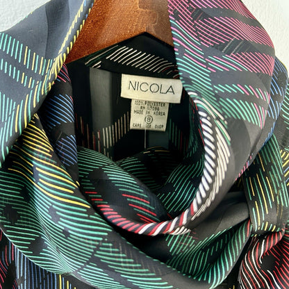 NICOLA Multicolor Geometric Chiffon Tie Neck Long Sleeve Blouse Size 8 Polyester