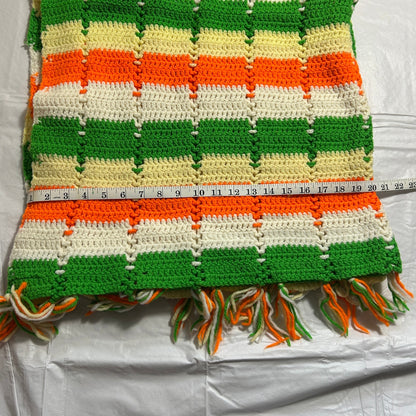 Vintage Handmade Crocheted Afgan Blanket, Orange, Green, Yellow and White, 40 x 66