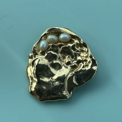 Unique Contemporary Gold-Tone Faux Pearl Brooch Abstract Textured Statement Pin