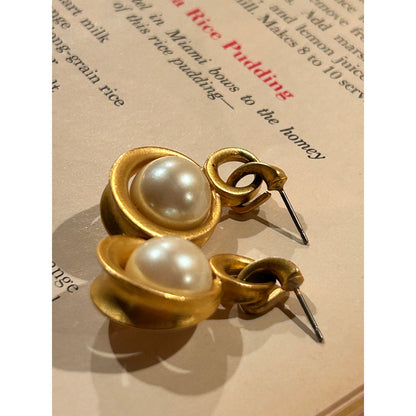 Gold and Faux Pearl Drop Earrings, Pierced, Vintage