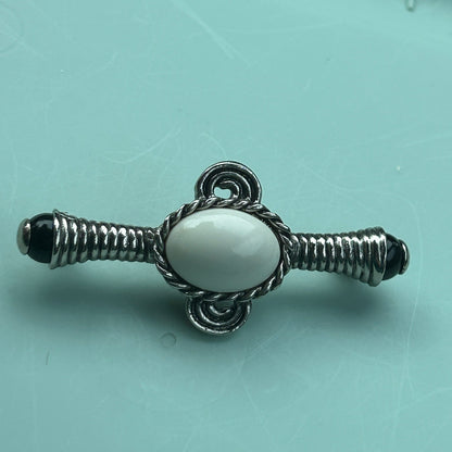 Vintage Art Deco Style Silver-Tone Bar Pin | Metal with Black & White Cabochon