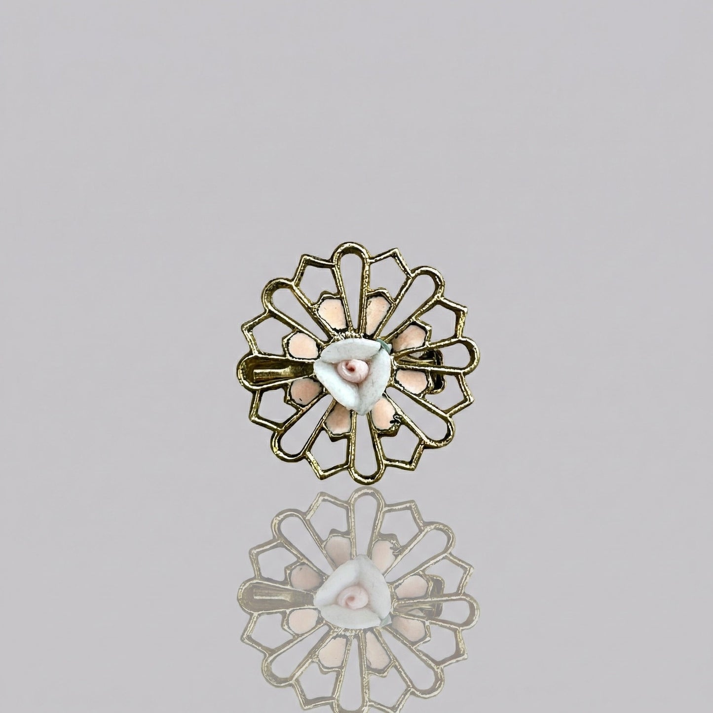 Vintage Gold Tone Filigree Brooch Pin Hand Painted Pink Rose