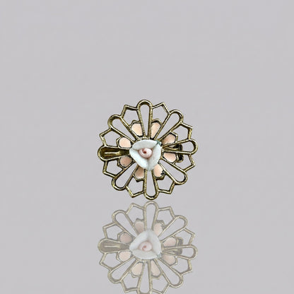 Vintage Gold Tone Filigree Brooch Pin Hand Painted Pink Rose