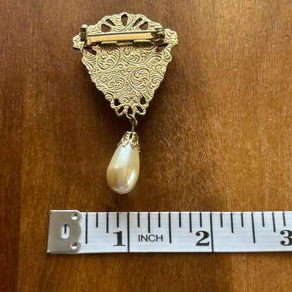 Vintage Ornate Gold Tone Faux Pearl Drop Brooch | Victorian Filigree Dangle Pin