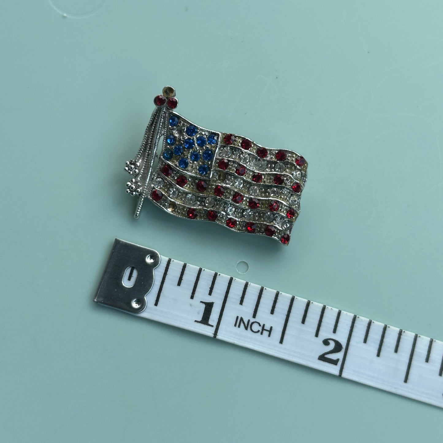 Vintage Rhinestone American Flag Brooch Waving Stars and Stripes Silver Tone Pin