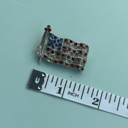 Vintage Rhinestone American Flag Brooch Waving Stars and Stripes Silver Tone Pin