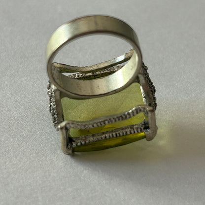 Large Cocktail Ring Pale Yellow-Green Faceted Stone Gothic Setting Size 8