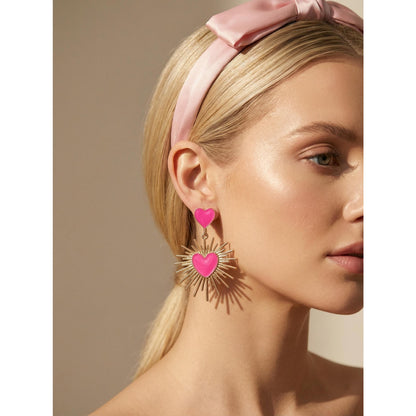 Pink Heart Sunburst Statement Earrings