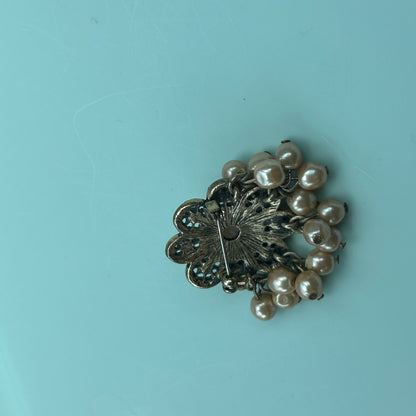 Antique Gold-Tone Floral Brooch with Rhinestones and Dangle Faux Pearls