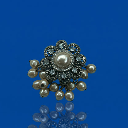 Antique Gold-Tone Floral Brooch with Rhinestones and Dangle Faux Pearls