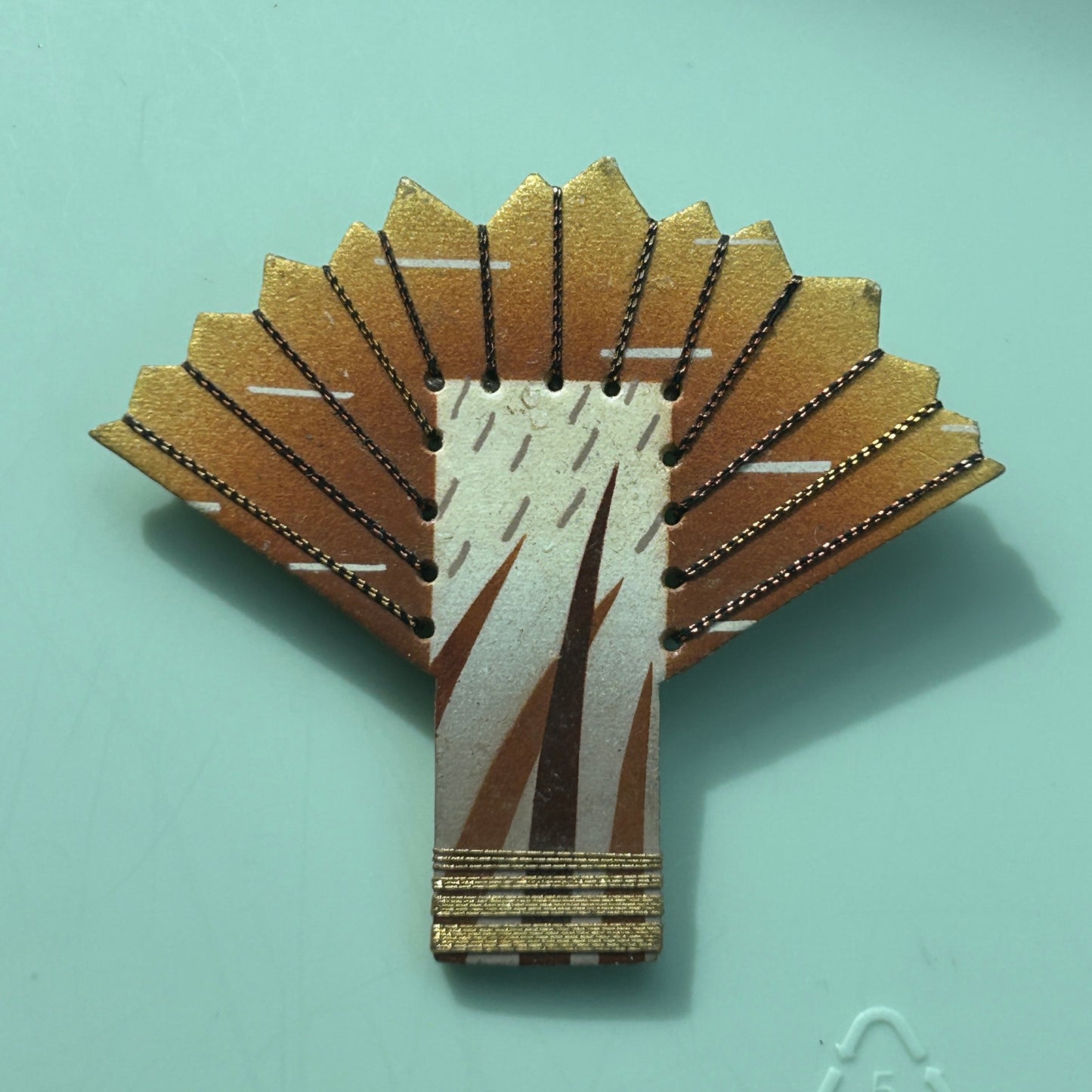Vintage Hand-Painted Ceramic Fan Brooch | Asian-Inspired Bamboo & Sunrise Motif