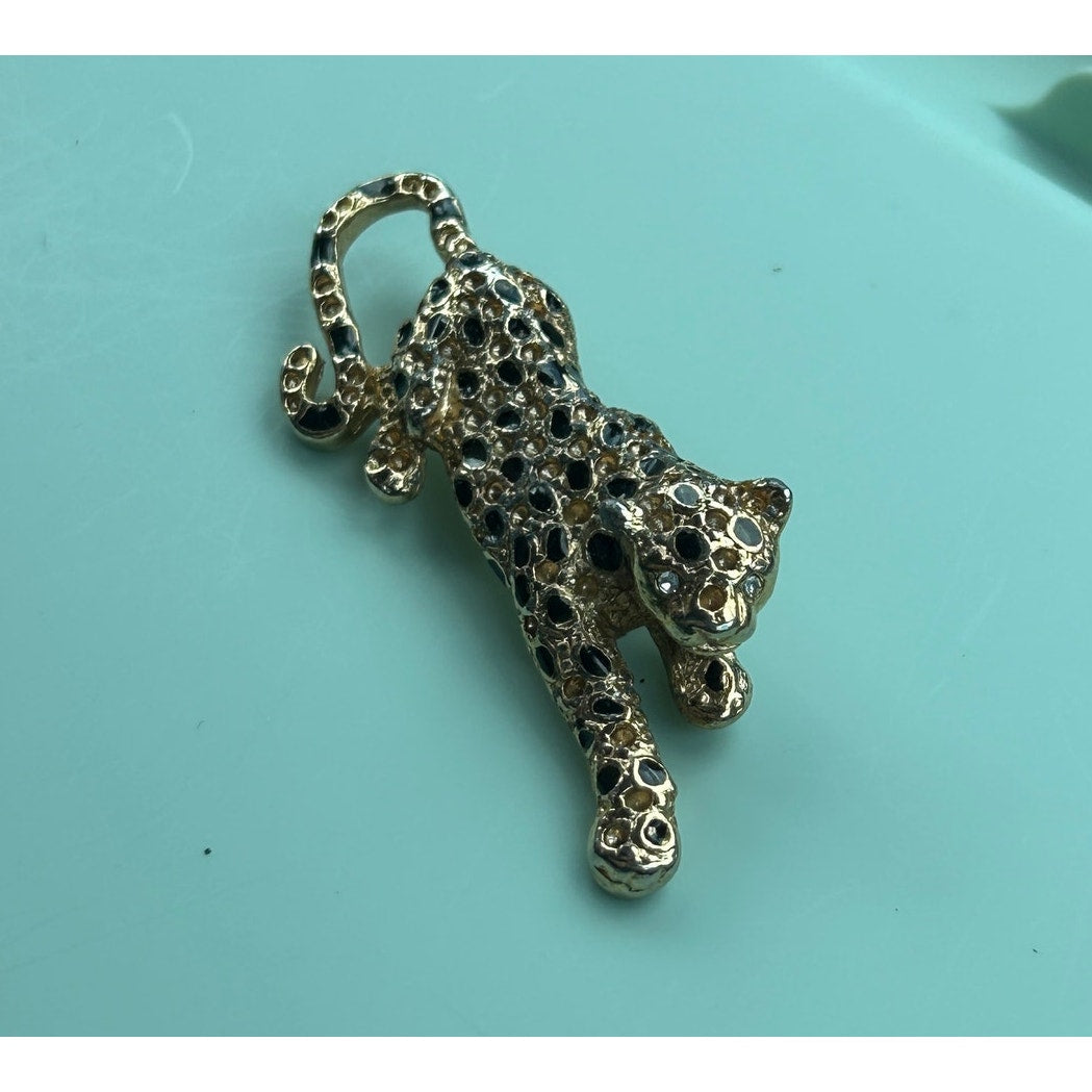 Vintage Gold Tone & Black Enamel Leopard Brooch - Prowling Cheetah Panther Pin