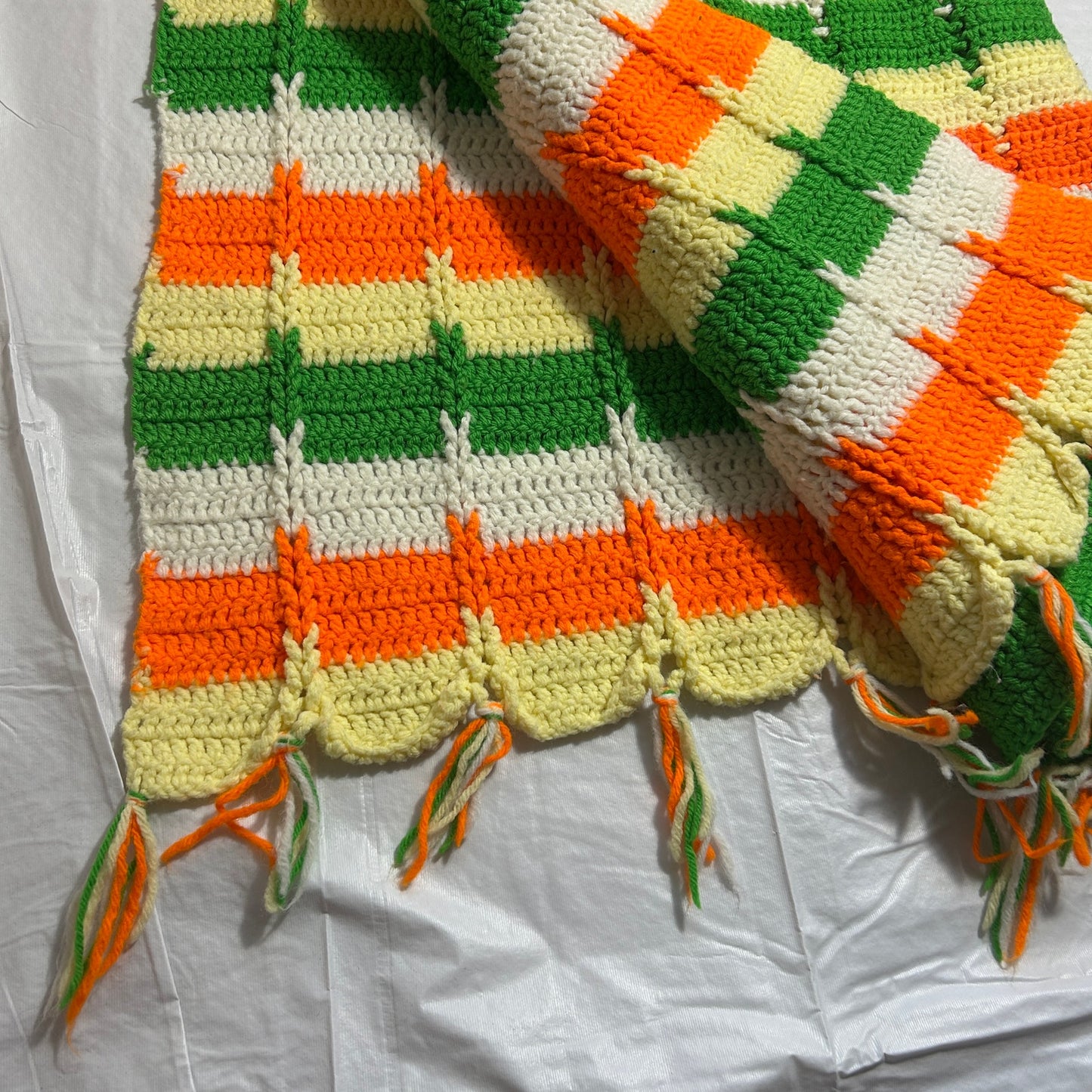 Vintage Handmade Crocheted Afgan Blanket, Orange, Green, Yellow and White, 40 x 66