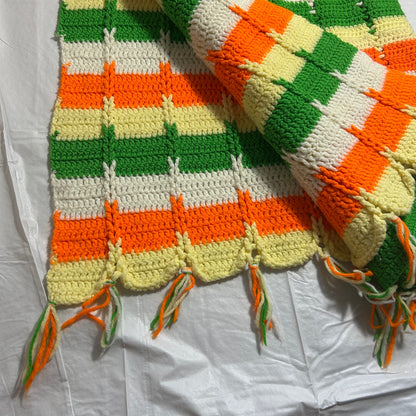 Vintage Handmade Crocheted Afgan Blanket, Orange, Green, Yellow and White, 40 x 66