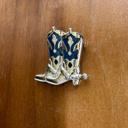 Vintage Silver Tone Cowboy Boots Brooch | Blue Enamel & Rhinestone Western Pin | Coastal Cowgirl Aesthetic Jewelry