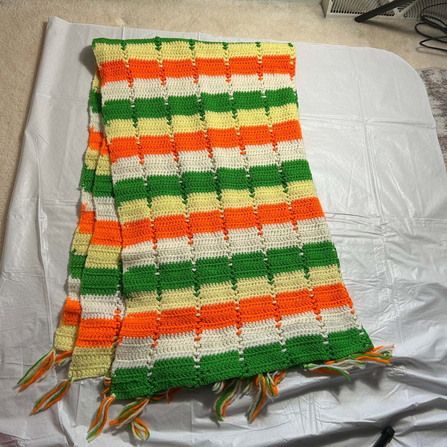 Vintage Handmade Crocheted Afgan Blanket, Orange, Green, Yellow and White, 40 x 66