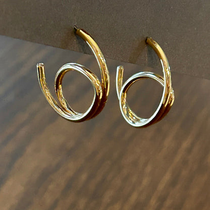 Modernist Gold Tone Double Spiral Hoop Earrings Twisted