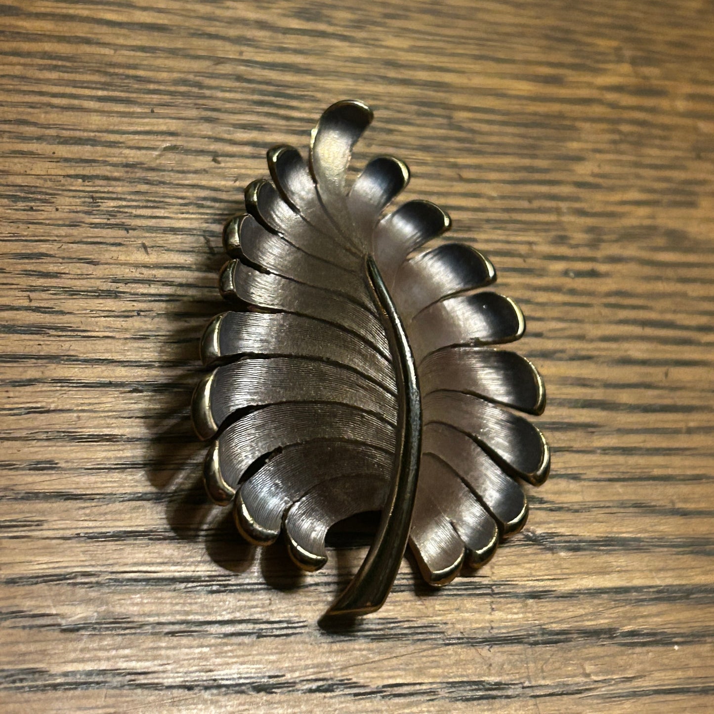 Vintage Mid-Century Leaf Brooch Silver Gold Tone Brushed Metal Pin 1950s 1960s