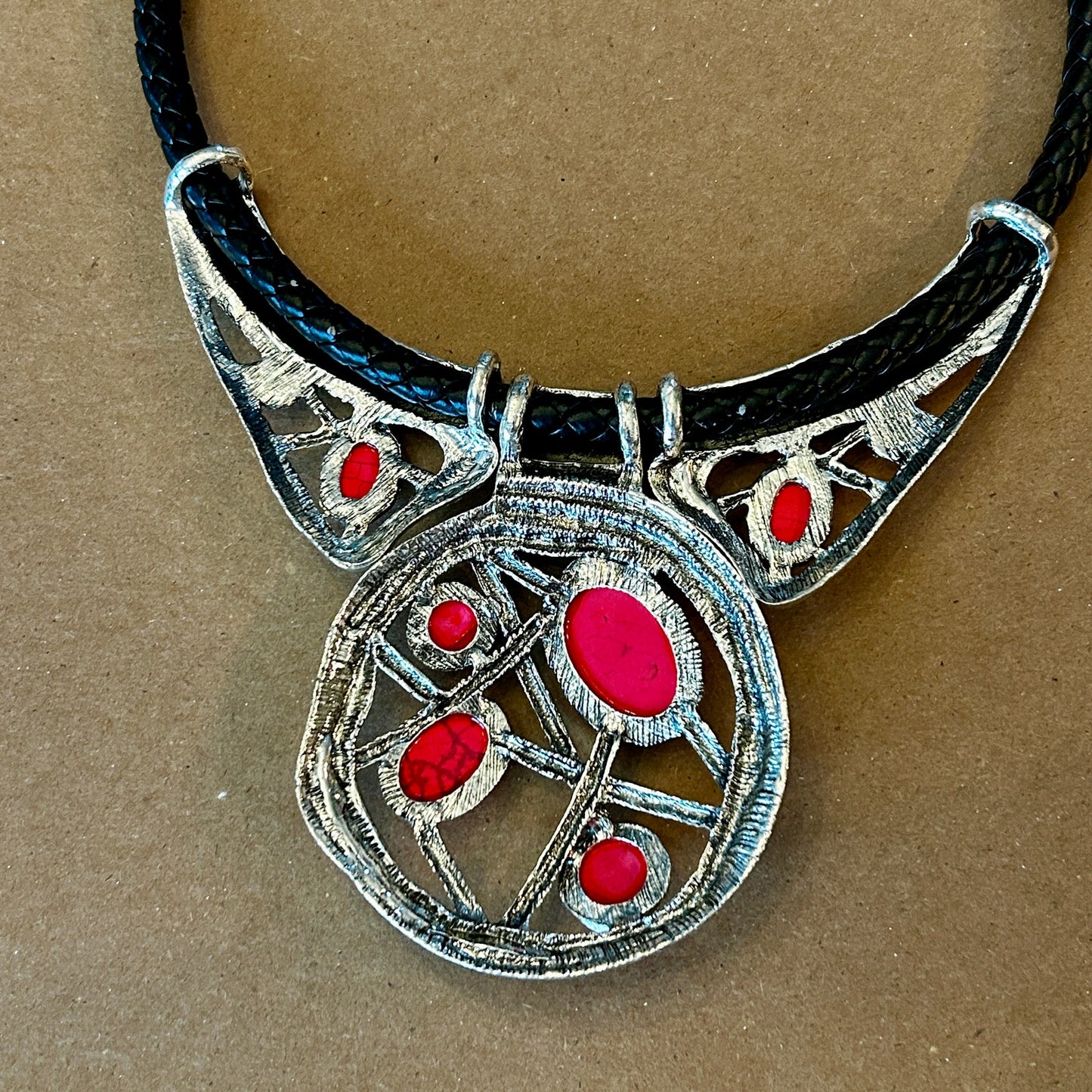 Vintage Southwestern Bib Necklace Red Faux Stone Silver Tone
