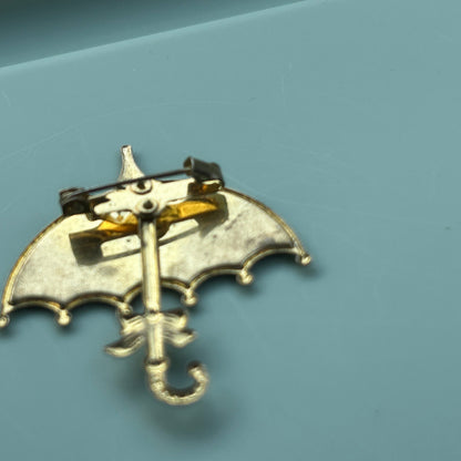 Vintage Glitter Enamel Umbrella Brooch | Gold Tone Purple & Blue Parasol Pin | Whimsical Rainy Day Jewelry